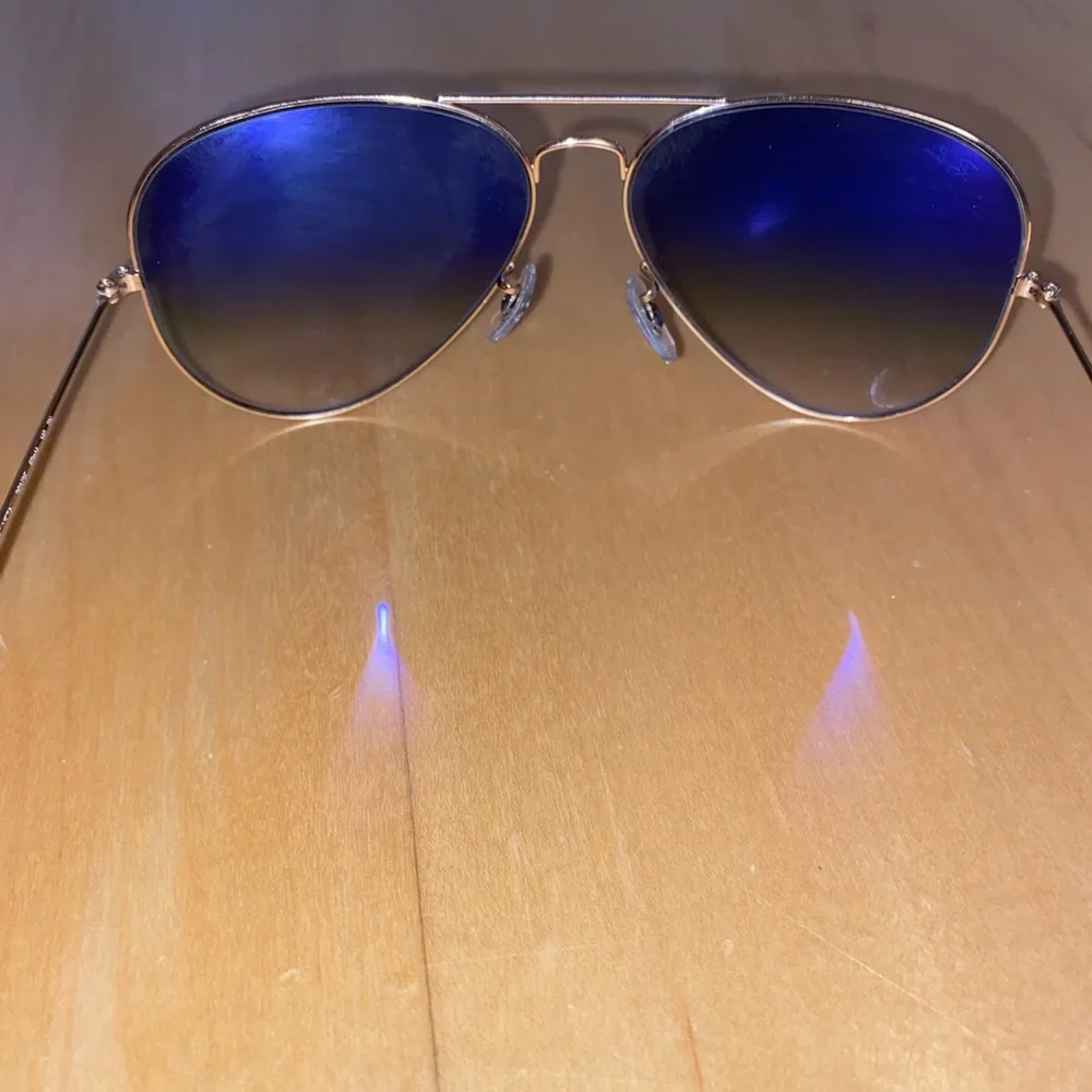 Ray-Ban Gold Frame Sunglasses with Blue Gradient Lenses and Brown Case